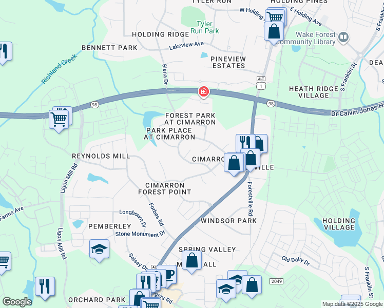 map of restaurants, bars, coffee shops, grocery stores, and more near 1313 Ecola Valley Court in Wake Forest