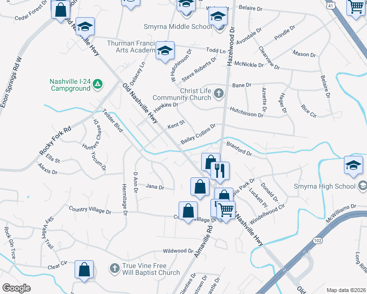 map of restaurants, bars, coffee shops, grocery stores, and more near 219 Bailey Collins Drive in Smyrna