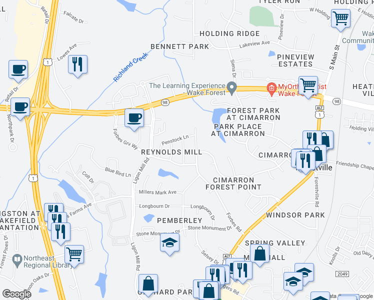 map of restaurants, bars, coffee shops, grocery stores, and more near 316 Reezy Lane in Wake Forest