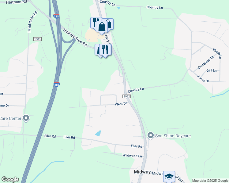 map of restaurants, bars, coffee shops, grocery stores, and more near 180 Tower Circle Drive in Winston-Salem