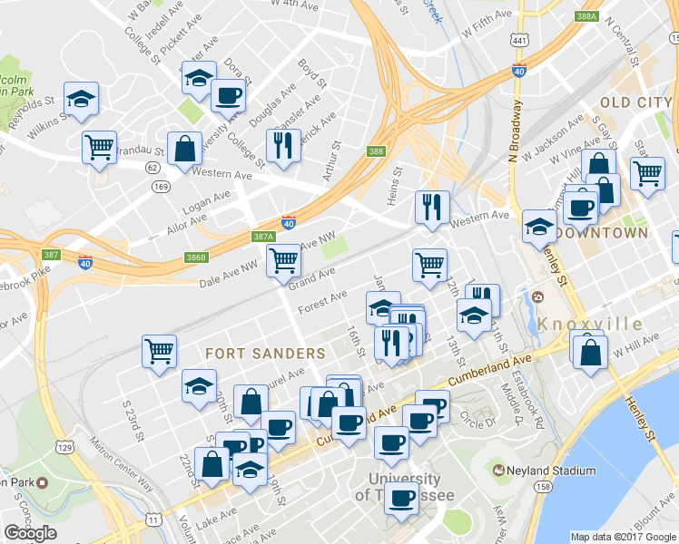 map of restaurants, bars, coffee shops, grocery stores, and more near 100 Grand Avenue in Knoxville