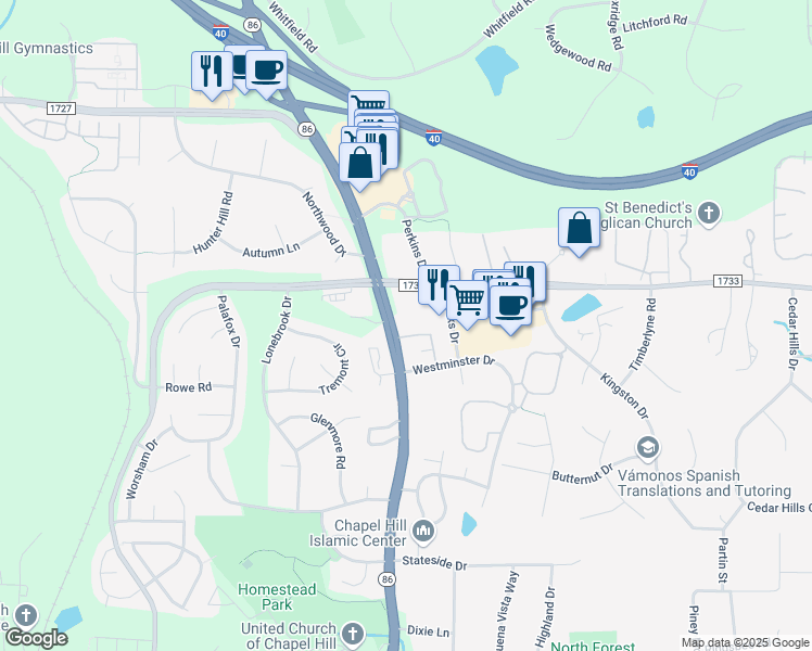 map of restaurants, bars, coffee shops, grocery stores, and more near 1670 Martin Luther King Junior Boulevard in Chapel Hill