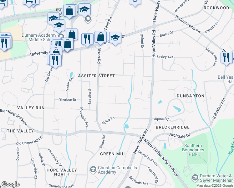 map of restaurants, bars, coffee shops, grocery stores, and more near 2702 Winton Road in Durham