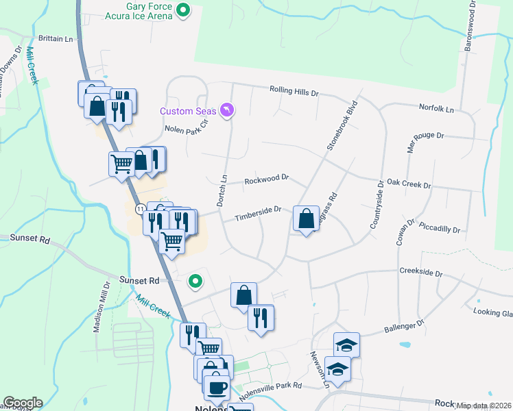 map of restaurants, bars, coffee shops, grocery stores, and more near 911 Timberside Drive in Nolensville