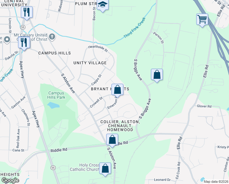 map of restaurants, bars, coffee shops, grocery stores, and more near 1921 Crowell Street in Durham