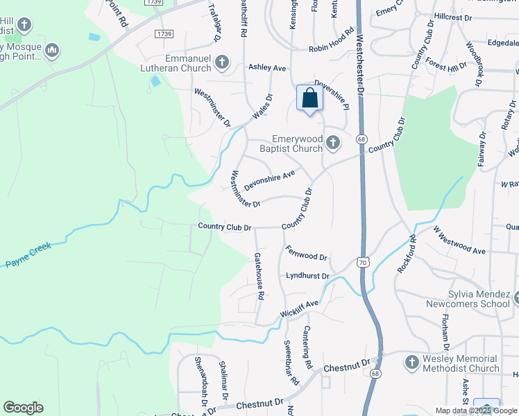 map of restaurants, bars, coffee shops, grocery stores, and more near 1233 Westminster Drive in High Point