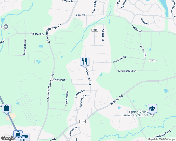map of restaurants, bars, coffee shops, grocery stores, and more near 1209 Willowcrest Road in Durham