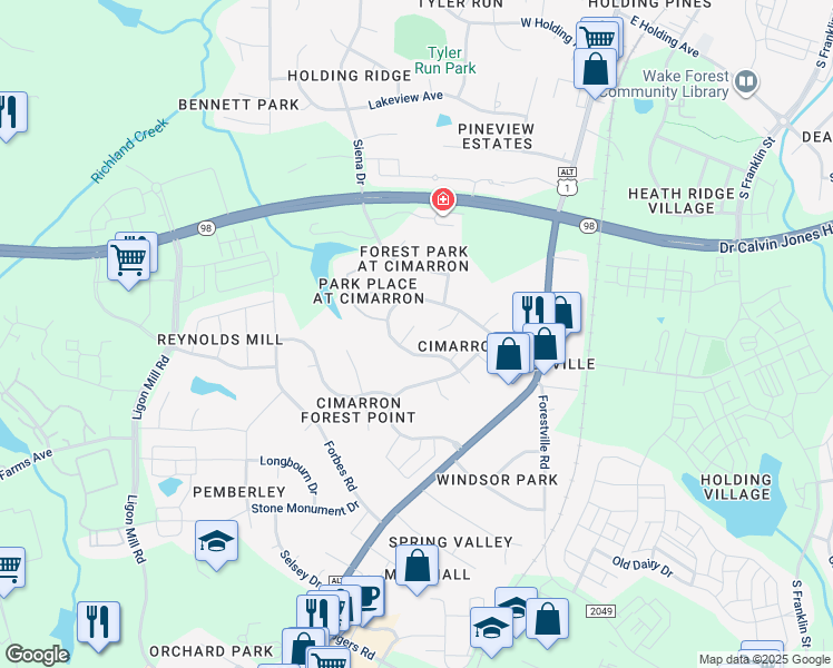 map of restaurants, bars, coffee shops, grocery stores, and more near 1313 Ecola Valley Court in Wake Forest