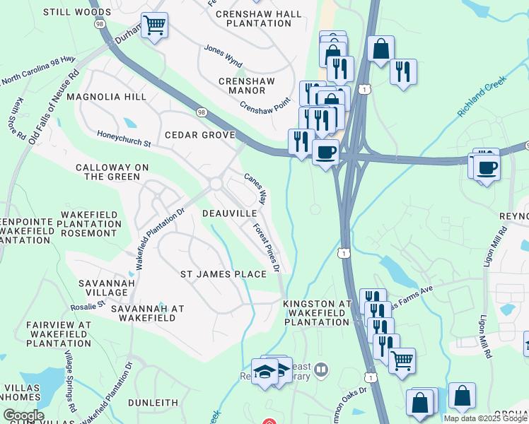 map of restaurants, bars, coffee shops, grocery stores, and more near 12224 Fox Valley Street in Raleigh