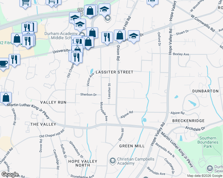 map of restaurants, bars, coffee shops, grocery stores, and more near 3134 Dixon Road in Durham