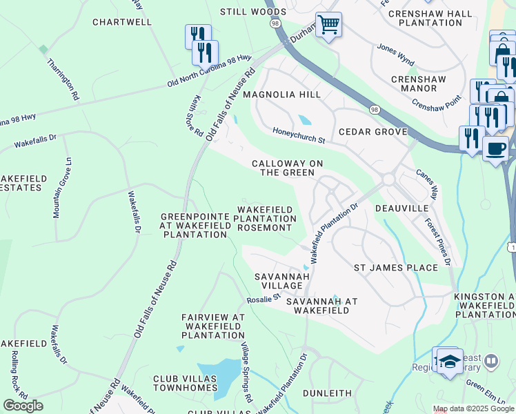 map of restaurants, bars, coffee shops, grocery stores, and more near 2400 Victoria Park Lane in Raleigh