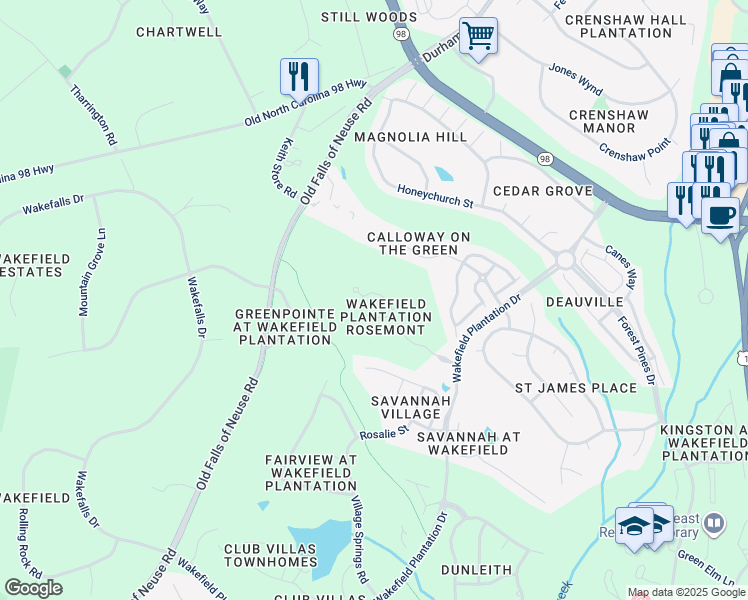 map of restaurants, bars, coffee shops, grocery stores, and more near 2400 Victoria Park Lane in Raleigh