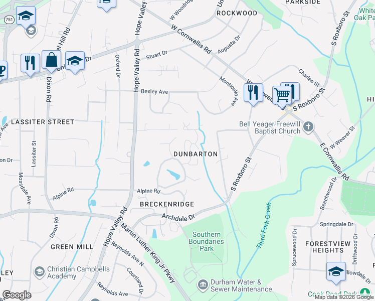 map of restaurants, bars, coffee shops, grocery stores, and more near 49 Glenmore Drive in Durham