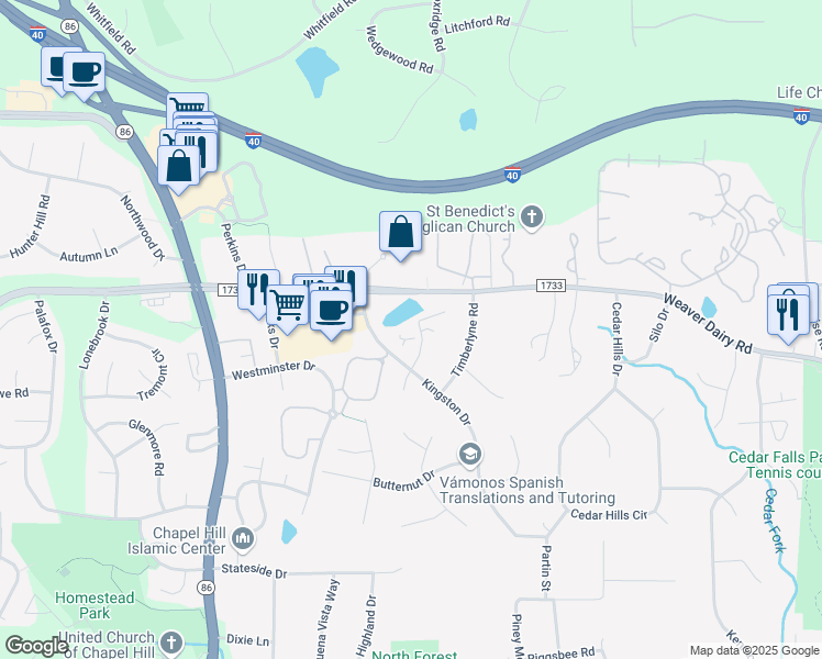 map of restaurants, bars, coffee shops, grocery stores, and more near in Chapel Hill