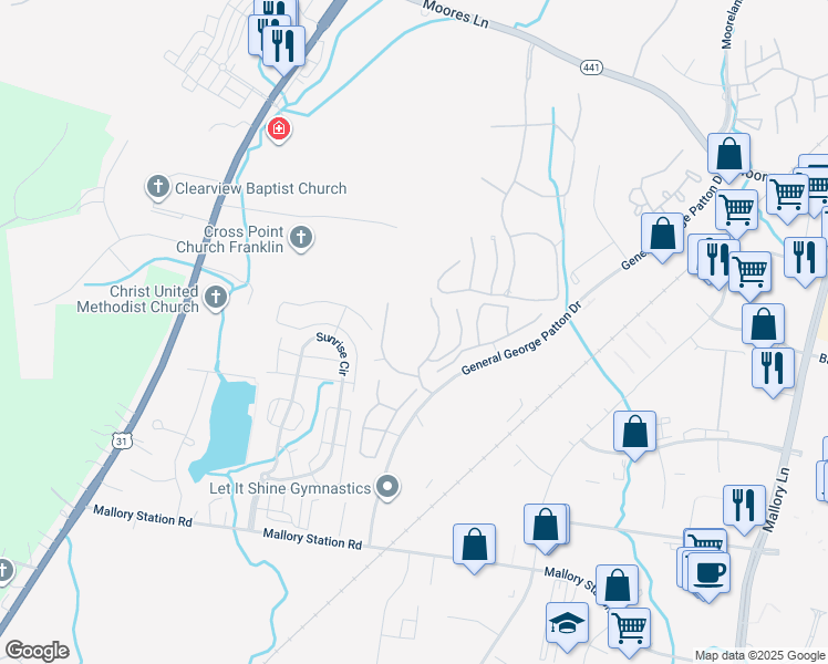 map of restaurants, bars, coffee shops, grocery stores, and more near 1851 Brentwood Point in Franklin