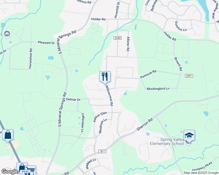 map of restaurants, bars, coffee shops, grocery stores, and more near 1209 Willowcrest Road in Durham