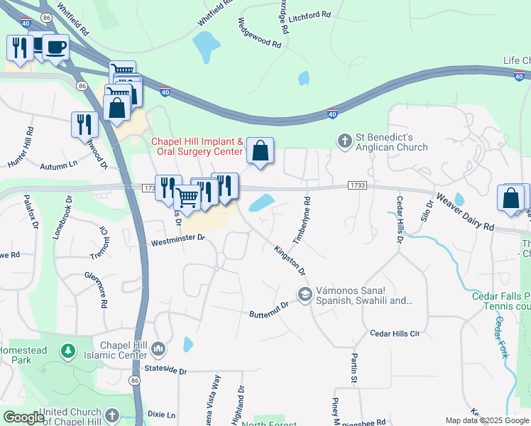 map of restaurants, bars, coffee shops, grocery stores, and more near 111 Silver Cedar Court in Chapel Hill