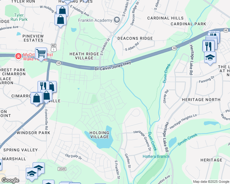 map of restaurants, bars, coffee shops, grocery stores, and more near 521 Friendship Chapel Road in Wake Forest