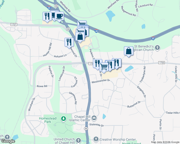 map of restaurants, bars, coffee shops, grocery stores, and more near 1670 Martin Luther King Junior Boulevard in Chapel Hill