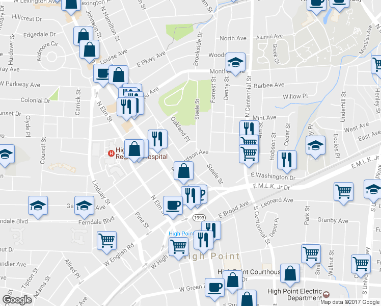 map of restaurants, bars, coffee shops, grocery stores, and more near 311 Richardson Ave in High Point