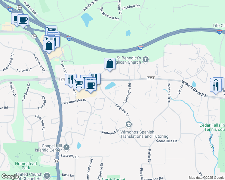 map of restaurants, bars, coffee shops, grocery stores, and more near 111 Silver Cedar Court in Chapel Hill