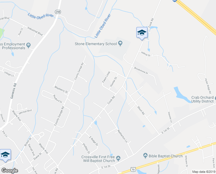 map of restaurants, bars, coffee shops, grocery stores, and more near 21 Hunter Drive in Crossville