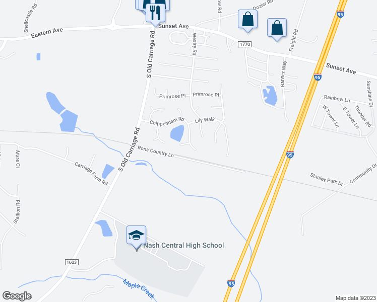 map of restaurants, bars, coffee shops, grocery stores, and more near 4567 Chippenham Road in Rocky Mount