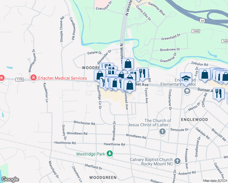 map of restaurants, bars, coffee shops, grocery stores, and more near 3645 Sunset Avenue in Rocky Mount