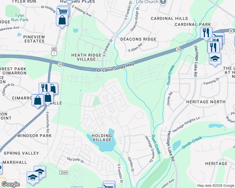 map of restaurants, bars, coffee shops, grocery stores, and more near 521 Friendship Chapel Road in Wake Forest