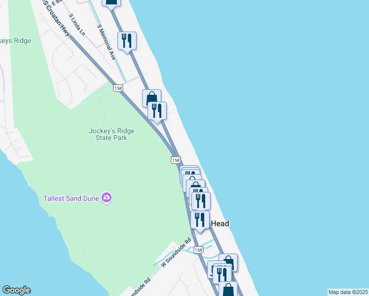 map of restaurants, bars, coffee shops, grocery stores, and more near 3811 South Virginia Dare Trail in Nags Head