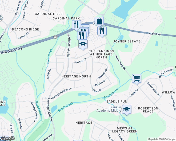 map of restaurants, bars, coffee shops, grocery stores, and more near 329 Stearns Way in Wake Forest