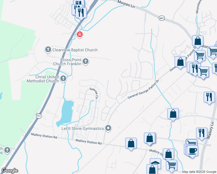 map of restaurants, bars, coffee shops, grocery stores, and more near 1821 Brentwood Point in Franklin