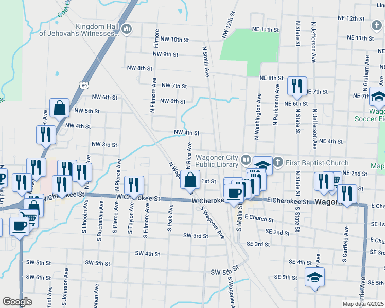 map of restaurants, bars, coffee shops, grocery stores, and more near 311 Northwest 3rd Street in Wagoner