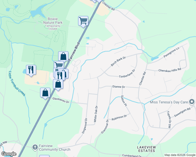 map of restaurants, bars, coffee shops, grocery stores, and more near 7101 White Oak Drive Southwest in Fairview