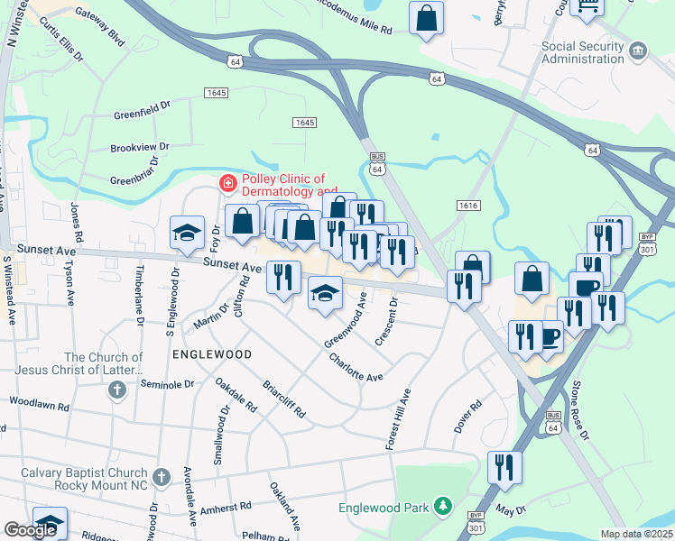 map of restaurants, bars, coffee shops, grocery stores, and more near 2816 Sunset Avenue in Rocky Mount
