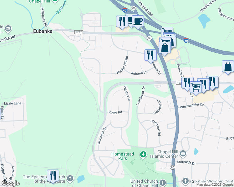 map of restaurants, bars, coffee shops, grocery stores, and more near 109 Camille Court in Chapel Hill