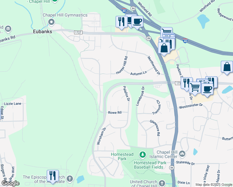 map of restaurants, bars, coffee shops, grocery stores, and more near 109 Camille Court in Chapel Hill