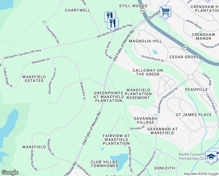 map of restaurants, bars, coffee shops, grocery stores, and more near 12825 Tee Time Way in Raleigh