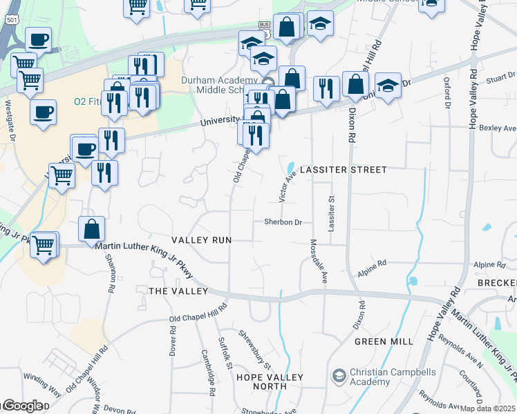 map of restaurants, bars, coffee shops, grocery stores, and more near 3320 Swansea Street in Durham