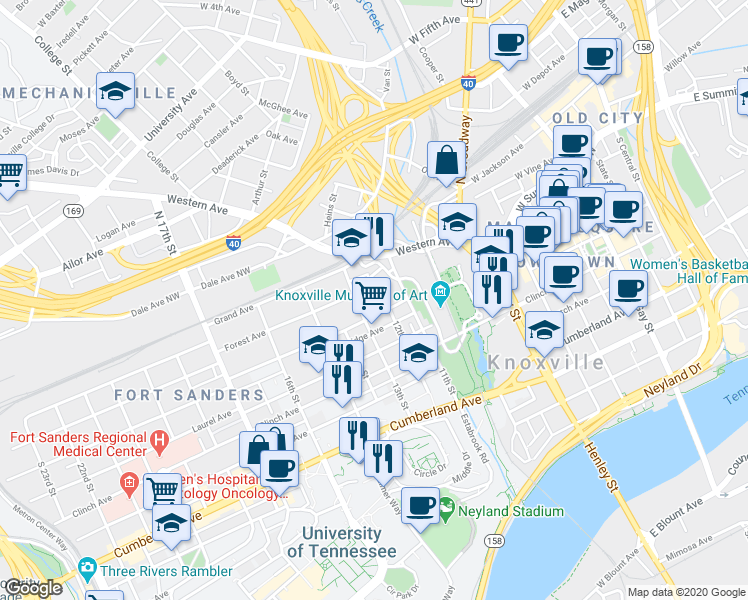 map of restaurants, bars, coffee shops, grocery stores, and more near in Knoxville