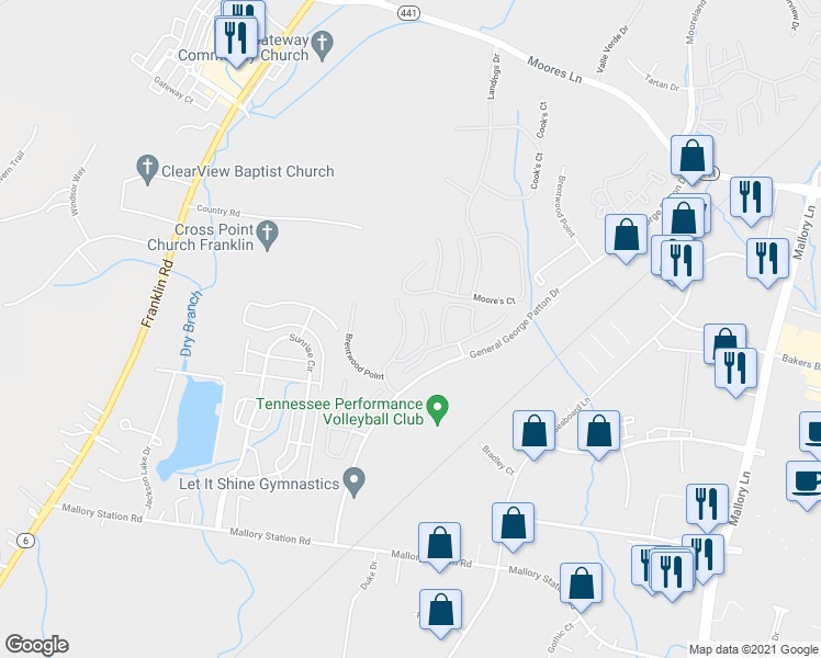 map of restaurants, bars, coffee shops, grocery stores, and more near 1643 Brentwood Point in Franklin