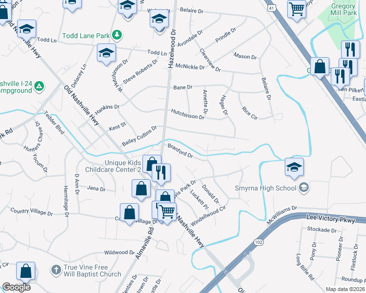 map of restaurants, bars, coffee shops, grocery stores, and more near 117 Branford Drive in Smyrna