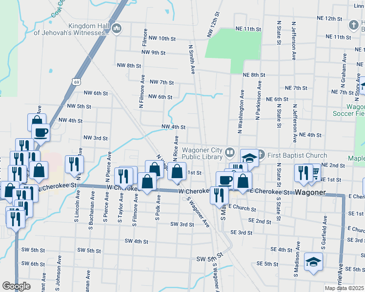 map of restaurants, bars, coffee shops, grocery stores, and more near 311 Northwest 3rd Street in Wagoner
