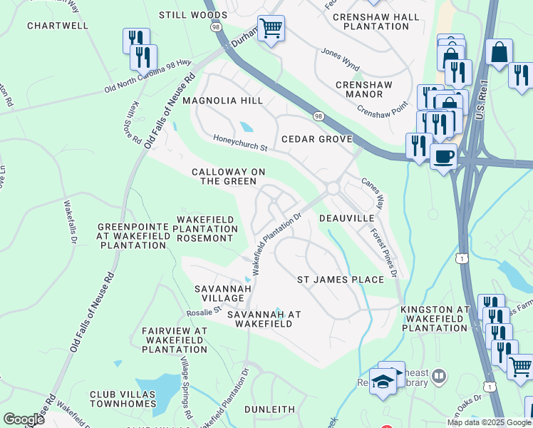 map of restaurants, bars, coffee shops, grocery stores, and more near 12202 Orchardgrass Lane in Raleigh