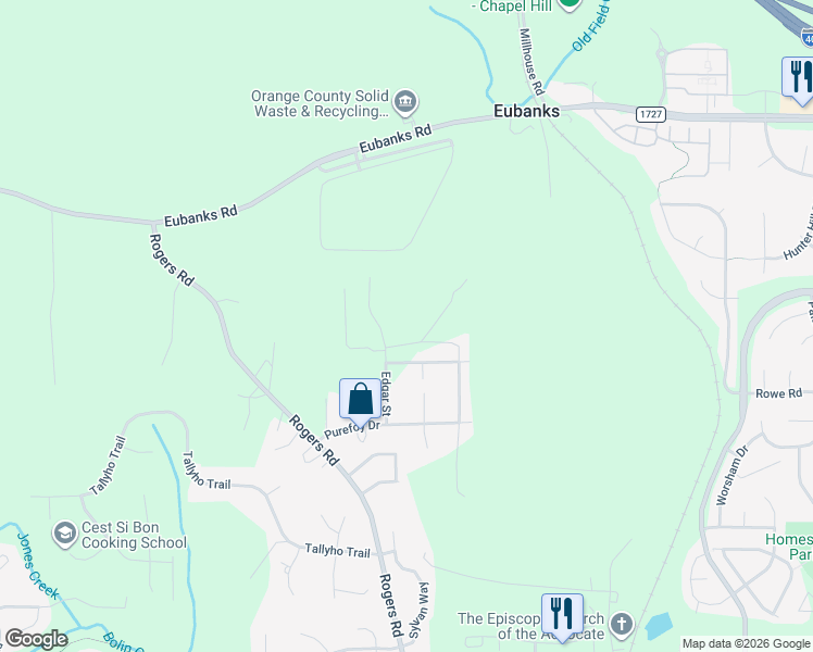map of restaurants, bars, coffee shops, grocery stores, and more near 1706 A Purefoy Drive in Chapel Hill