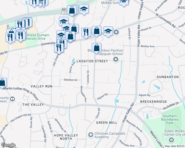 map of restaurants, bars, coffee shops, grocery stores, and more near 3128 Dixon Road in Durham