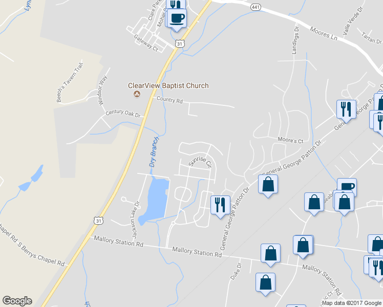 map of restaurants, bars, coffee shops, grocery stores, and more near 7070 Sunrise Circle in Franklin