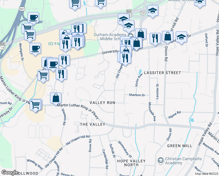 map of restaurants, bars, coffee shops, grocery stores, and more near 3306 Bonaparte Way in Durham