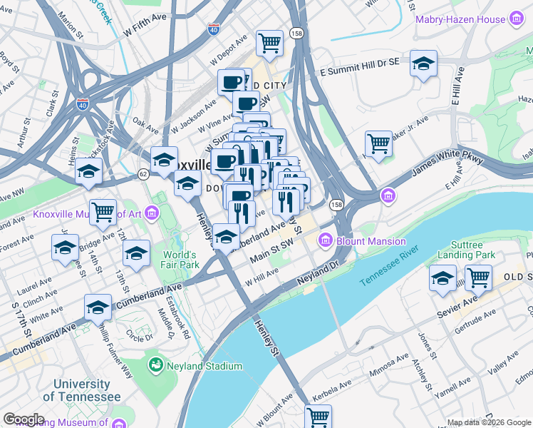 map of restaurants, bars, coffee shops, grocery stores, and more near 706 Walnut Street in Knoxville