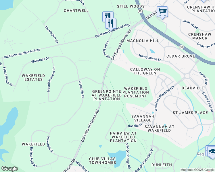 map of restaurants, bars, coffee shops, grocery stores, and more near 12832 Tee Time Way in Raleigh